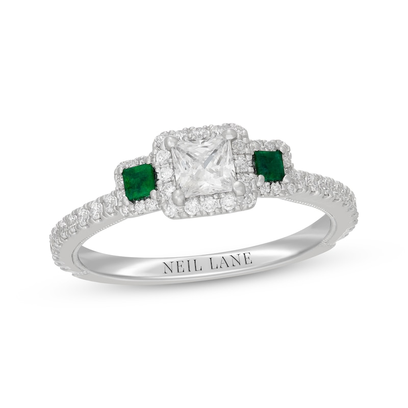 Main Image 1 of Neil Lane Princess-Cut Diamond & Natural Emerald Three-Stone Engagement Ring 3/4 ct tw 14K White Gold
