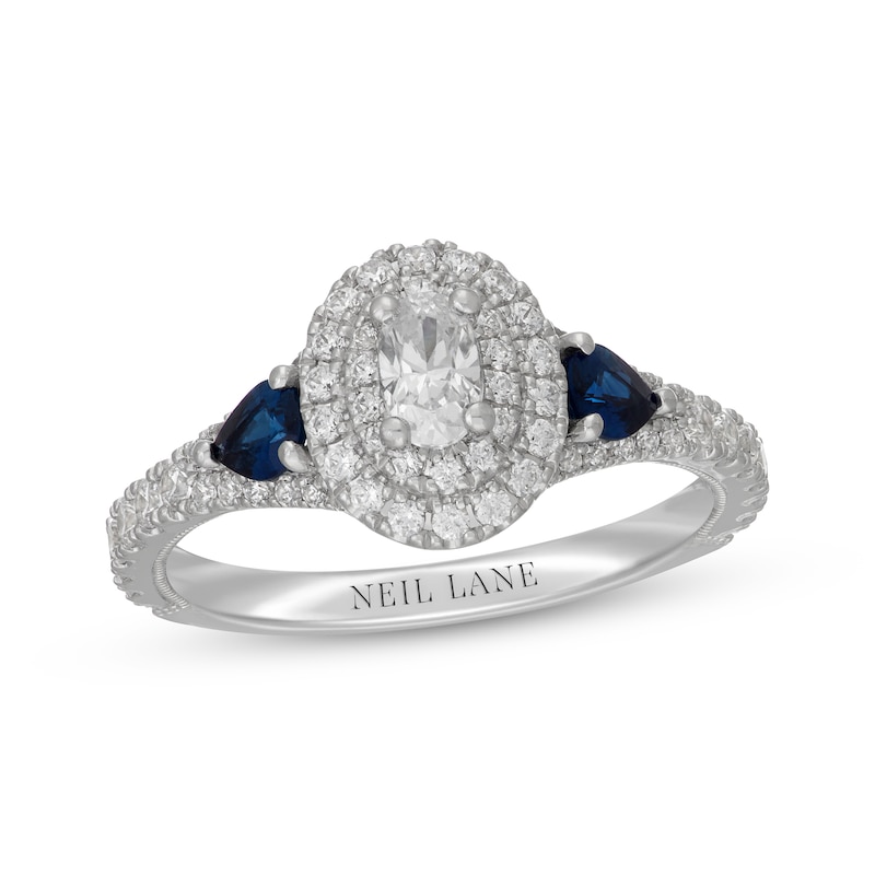 Main Image 4 of Neil Lane Oval-Cut Diamond & Natural Sapphire Double Halo Engagement Ring 7/8 ct tw 14K White Gold