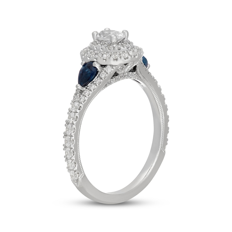 Main Image 5 of Neil Lane Oval-Cut Diamond & Natural Sapphire Double Halo Engagement Ring 7/8 ct tw 14K White Gold