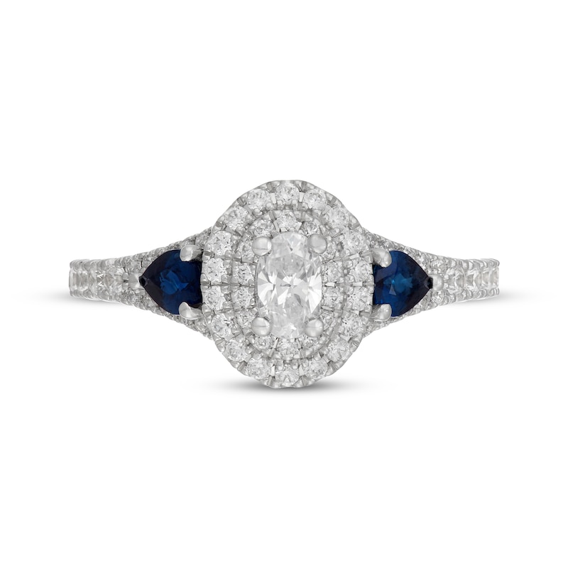 Main Image 6 of Neil Lane Oval-Cut Diamond & Natural Sapphire Double Halo Engagement Ring 7/8 ct tw 14K White Gold