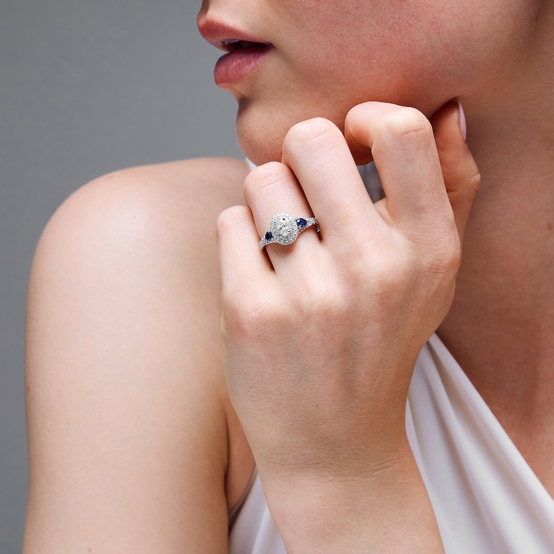 Main Image 4 of Neil Lane Oval-Cut Diamond & Natural Sapphire Double Halo Engagement Ring 7/8 ct tw 14K White Gold