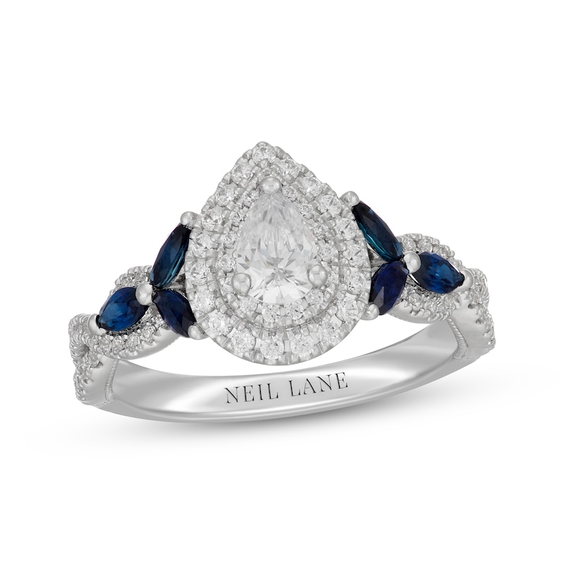 Main Image 4 of Neil Lane Pear-Shaped Diamond & Natural Sapphire Double Halo Engagement Ring 3/4 ct tw 14K White Gold