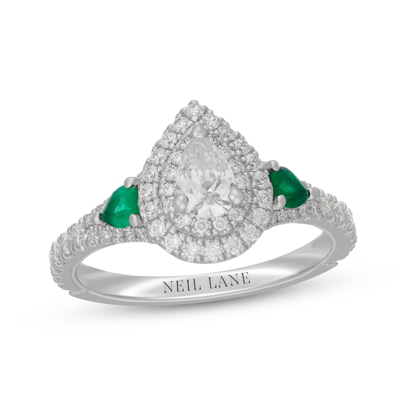 Neil Lane Pear-Shaped Diamond & Natural Emerald Engagement Ring 7/8 ct tw 14K White Gold