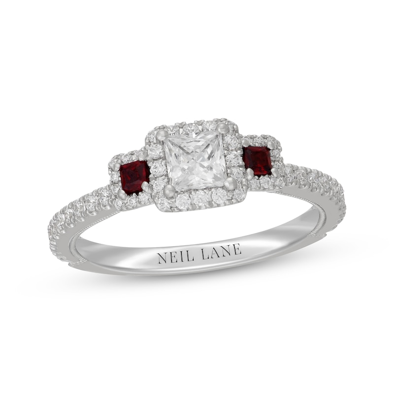 Main Image 4 of Neil Lane Princess-Cut Diamond & Natural Ruby Three-Stone Engagement Ring 3/4 ct tw 14K White Gold