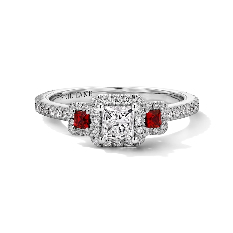 Main Image 8 of Neil Lane Princess-Cut Diamond & Natural Ruby Three-Stone Engagement Ring 3/4 ct tw 14K White Gold