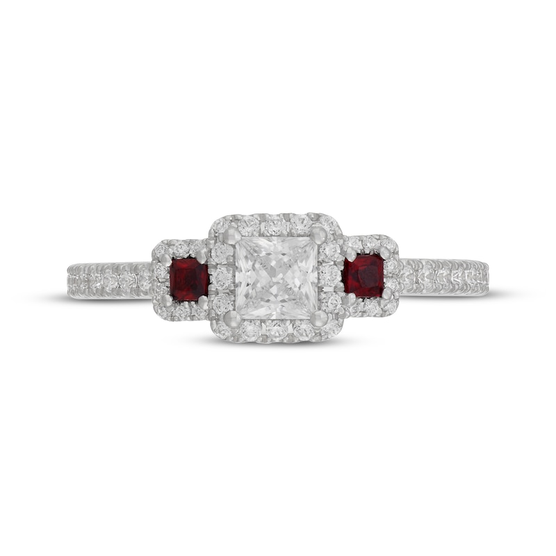 Main Image 6 of Neil Lane Princess-Cut Diamond & Natural Ruby Three-Stone Engagement Ring 3/4 ct tw 14K White Gold