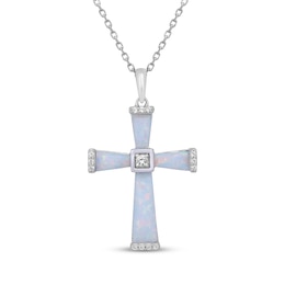 Lab-Created Opal & White Lab-Created Sapphire Cross Necklace Sterling Silver 18"