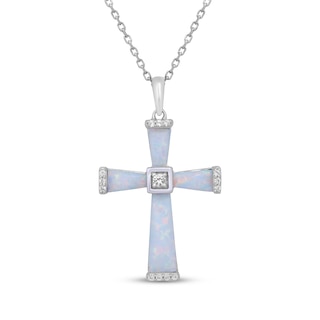 Lab-Created Opal & White Lab-Created Sapphire Cross Necklace Sterling Silver 18"
