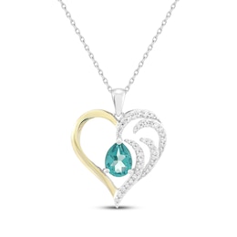 Pear-Shaped Oceanic Blue Topaz & White Lab-Created Sapphire Necklace 1/4 ct tw Sterling Silver & 10K Yellow Gold 18"