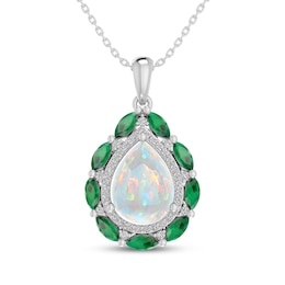 Pear-Shaped Lab-Created Opal, Lab-Created Emerald & White Lab-Created Sapphire Necklace Sterling Silver 18"