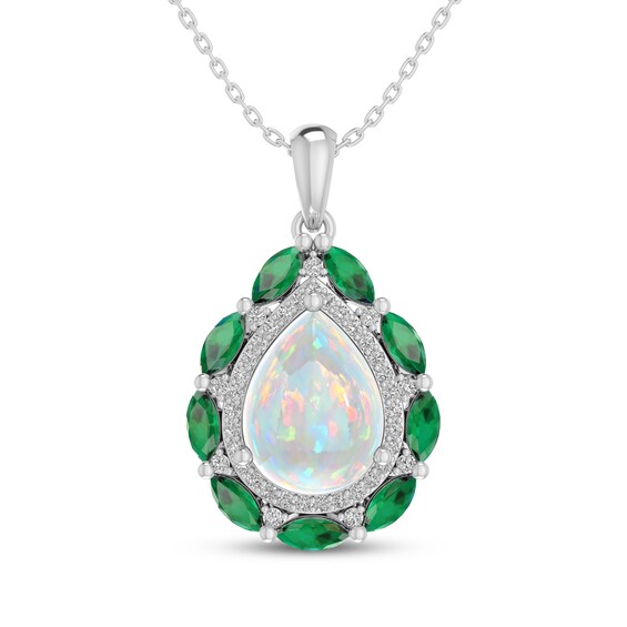 Pear-Shaped Lab-Created Opal, Lab-Created Emerald & White Lab-Created Sapphire Necklace Sterling Silver 18"