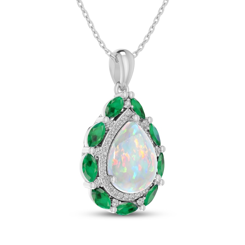 Main Image 2 of Pear-Shaped Lab-Created Opal, Lab-Created Emerald & White Lab-Created Sapphire Necklace Sterling Silver 18"