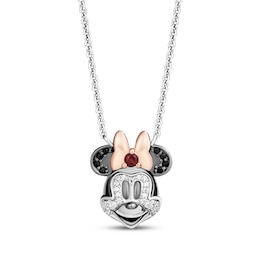 Disney Treasures Minnie Mouse Garnet, Black & Diamond Necklace 1/8 ct tw Sterling Silver & 10K Rose Gold 18"