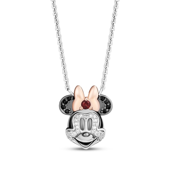 Disney Treasures Minnie Mouse Garnet, Black & Diamond Necklace 1/8 ct tw Sterling Silver & 10K Rose Gold 18"