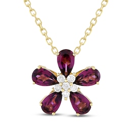 Pear-Shaped Rhodolite Garnet & Diamond Flower Necklace 1/15 ct tw 10K Yellow Gold 18"