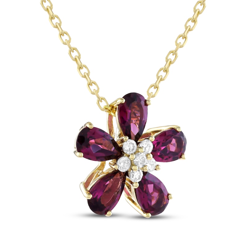 Main Image 2 of Pear-Shaped Rhodolite Garnet & Diamond Flower Necklace 1/15 ct tw 10K Yellow Gold 18&quot;