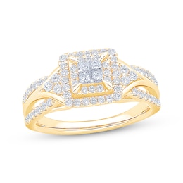 Now + Forever Princess-Cut Quad Diamond Double Halo Engagement Ring 5/8 ct tw 14K Yellow Gold