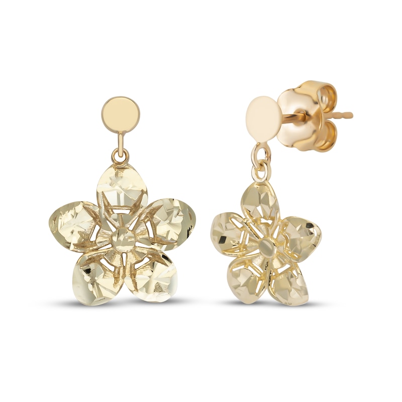 Main Image 1 of Diamond-Cut Flower Dangle Earrings 14K Yellow Gold