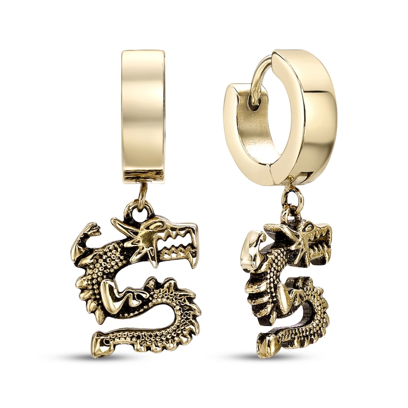 Main Image 1 of Men's Dragon Dangle Hoop Earrings Yellow Ion-Plated Stainless Steel