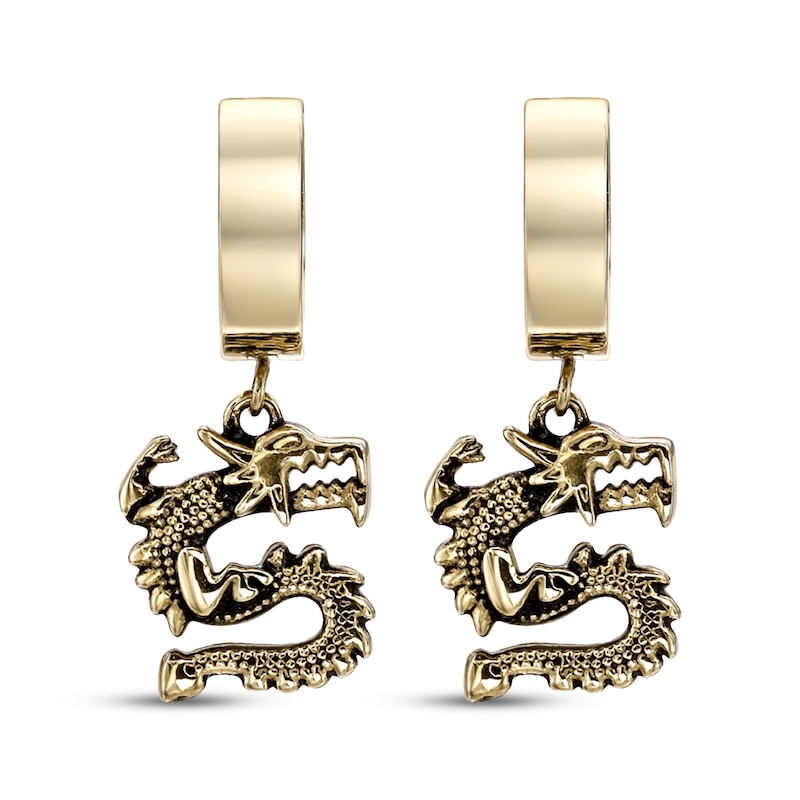 Main Image 2 of Men's Dragon Dangle Hoop Earrings Yellow Ion-Plated Stainless Steel