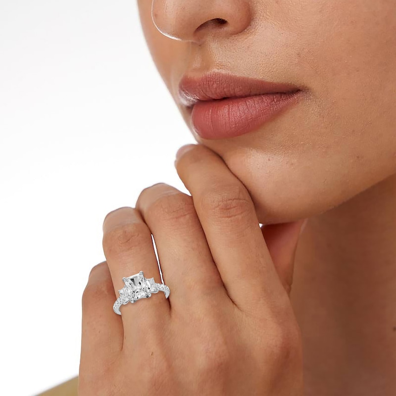 Main Image 5 of Memories Moments Magic Radiant-Cut Lab-Grown Diamond Three-Stone Engagement Ring 3 ct tw 14K White Gold