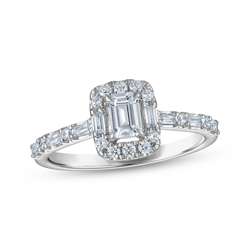 Main Image 1 of Now + Forever Certified Emerald-Cut Diamond Halo Engagement Ring 3/4 ct tw Platinum