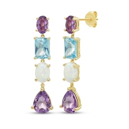 Multi-Shape Amethyst, Lab-Created Opal & Swiss Blue Topaz Drop Earrings 10K Yellow Gold