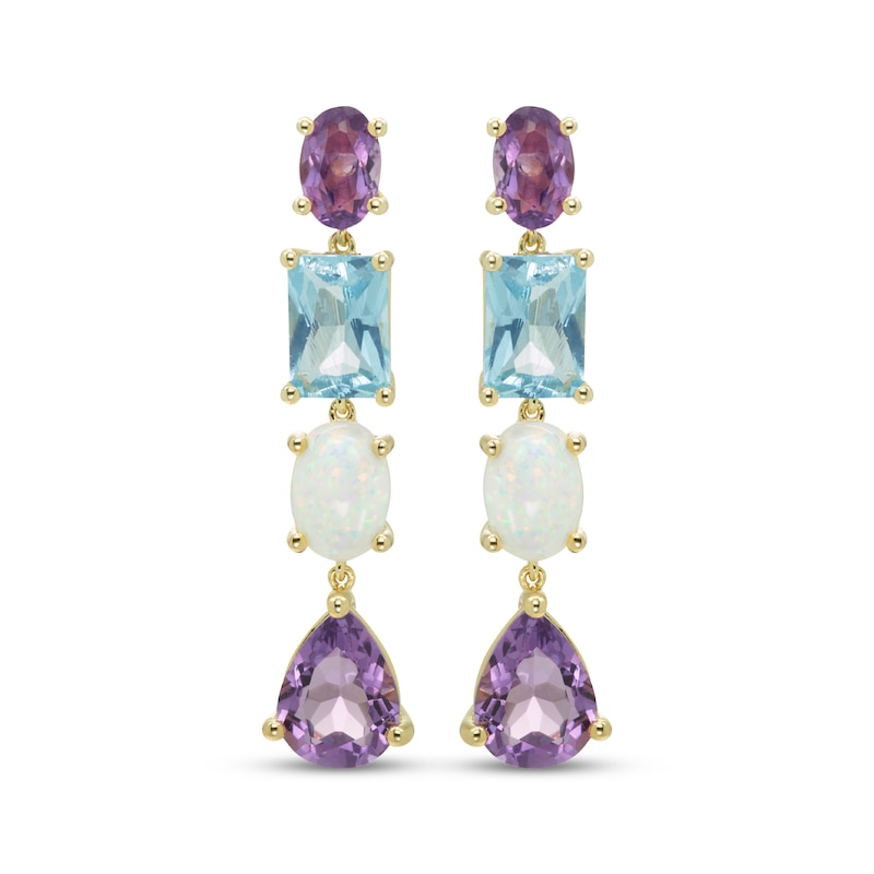 Main Image 2 of Multi-Shape Amethyst, Lab-Created Opal & Swiss Blue Topaz Drop Earrings 10K Yellow Gold