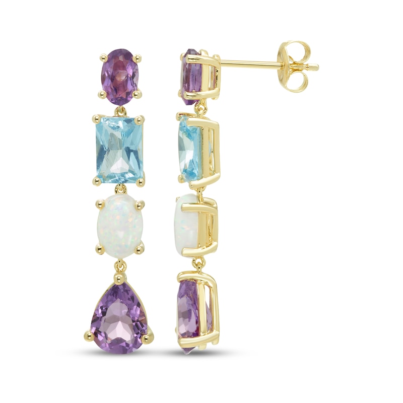 Main Image 3 of Multi-Shape Amethyst, Lab-Created Opal & Swiss Blue Topaz Drop Earrings 10K Yellow Gold