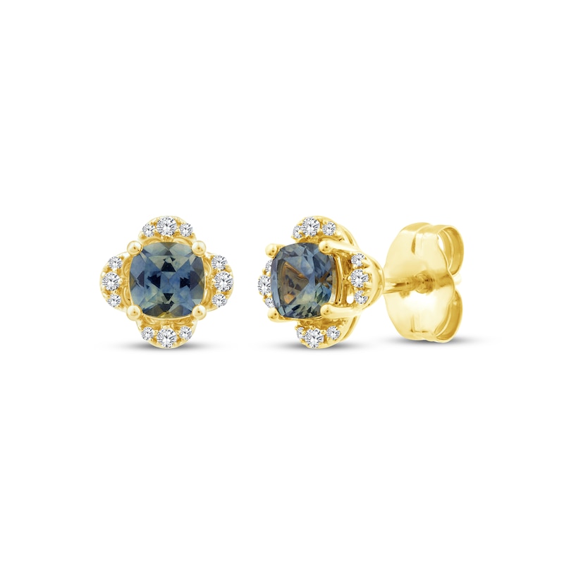 Main Image 1 of American Blue Sapphire & Diamond Flower Stud Earrings 1/20 ct tw 10K Yellow Gold