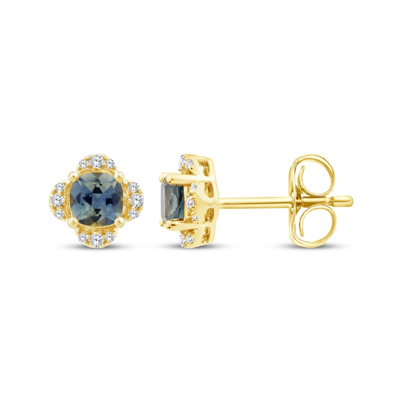 Main Image 3 of American Blue Sapphire & Diamond Flower Stud Earrings 1/20 ct tw 10K Yellow Gold