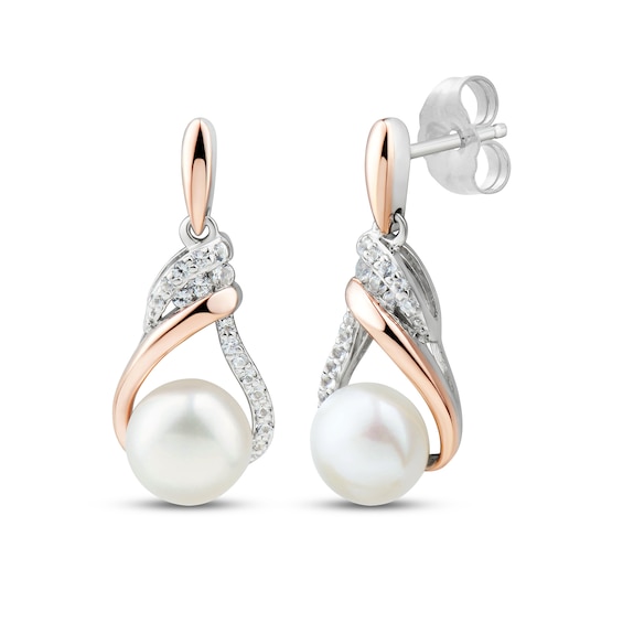 Cultured Pearl & White Lab-Created Sapphire Dangle Earrings Sterling Silver & 10K Rose Gold