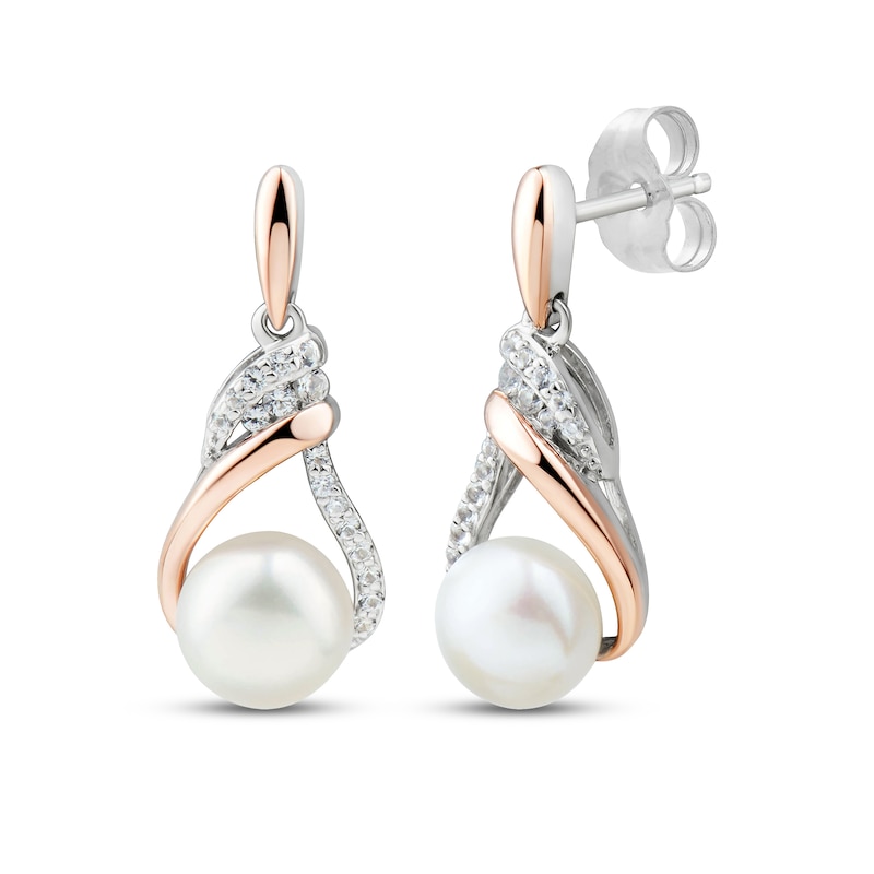 Main Image 1 of Cultured Pearl & White Lab-Created Sapphire Dangle Earrings Sterling Silver & 10K Rose Gold