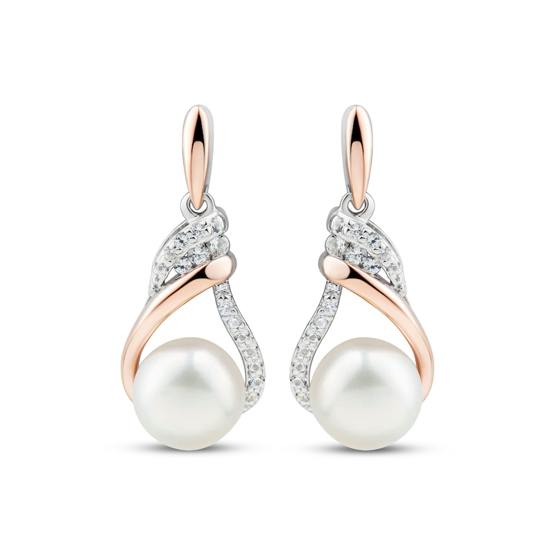 Main Image 2 of Cultured Pearl & White Lab-Created Sapphire Dangle Earrings Sterling Silver & 10K Rose Gold