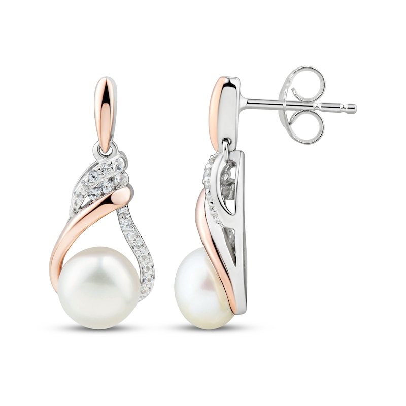 Main Image 3 of Cultured Pearl & White Lab-Created Sapphire Dangle Earrings Sterling Silver & 10K Rose Gold