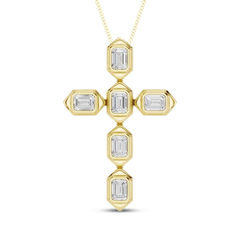 Main Image 1 of KAY Lab-Grown Diamonds Emerald-Cut Bezel-Set Cross Necklace 3/4 ct tw 10K Yellow Gold 18"