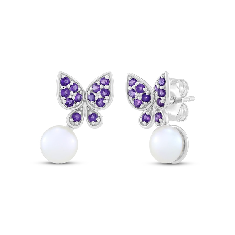 Main Image 1 of Button Cultured Pearl & Natural Amethyst Butterfly Earrings Sterling Silver