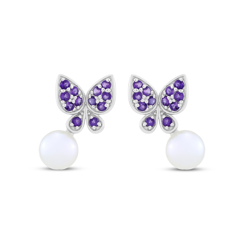 Main Image 2 of Button Cultured Pearl & Natural Amethyst Butterfly Earrings Sterling Silver