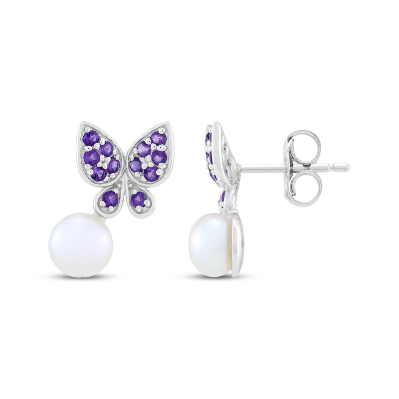 Main Image 3 of Button Cultured Pearl & Natural Amethyst Butterfly Earrings Sterling Silver