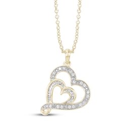Baguette & Round-Cut Diamond Double Heart Necklace 1/6 ct tw 10K Yellow Gold 18"