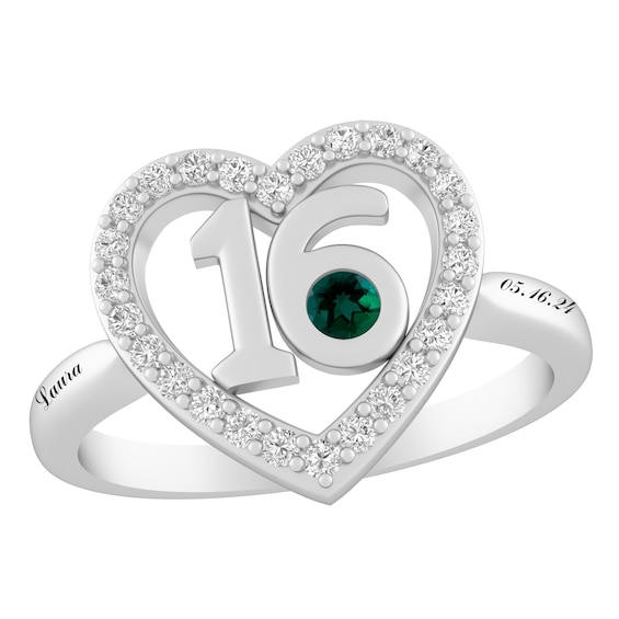 Birthstone Sweet 16 Heart Ring (1 Stone and 2 Lines)