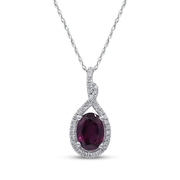 Oval-Cut Rhodolite Garnet & Diamond Halo Necklace 1/6 ct tw 10K White Gold 18"