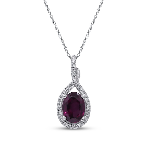 Oval-Cut Rhodolite Garnet & Diamond Halo Necklace 1/6 ct tw 10K White Gold 18"