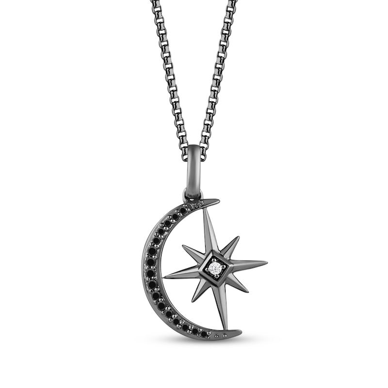Main Image 1 of Ink & Ice Black & White Diamond Moon & Star Necklace 1/10 ct tw Black Rhodium-Plated Sterling Silver 18&quot;