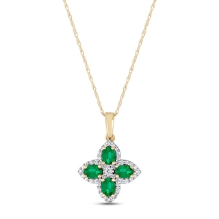 Emerald Flower Necklace 1/6 ct tw Diamonds 10K Yellow Gold 18"