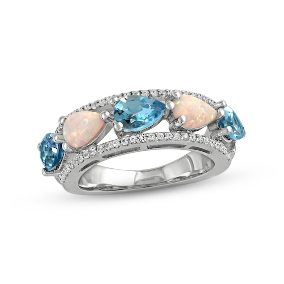 Swiss Blue Topaz/Lab-Created Opal/White Lab-Created Sapphire Ring Sterling Silver