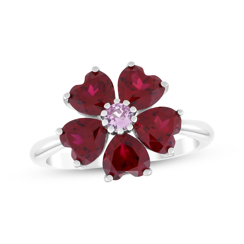 Main Image 1 of Heart-Shaped Lab-Created Ruby & Pink Lab-Created Sapphire Flower Ring Sterling Silver