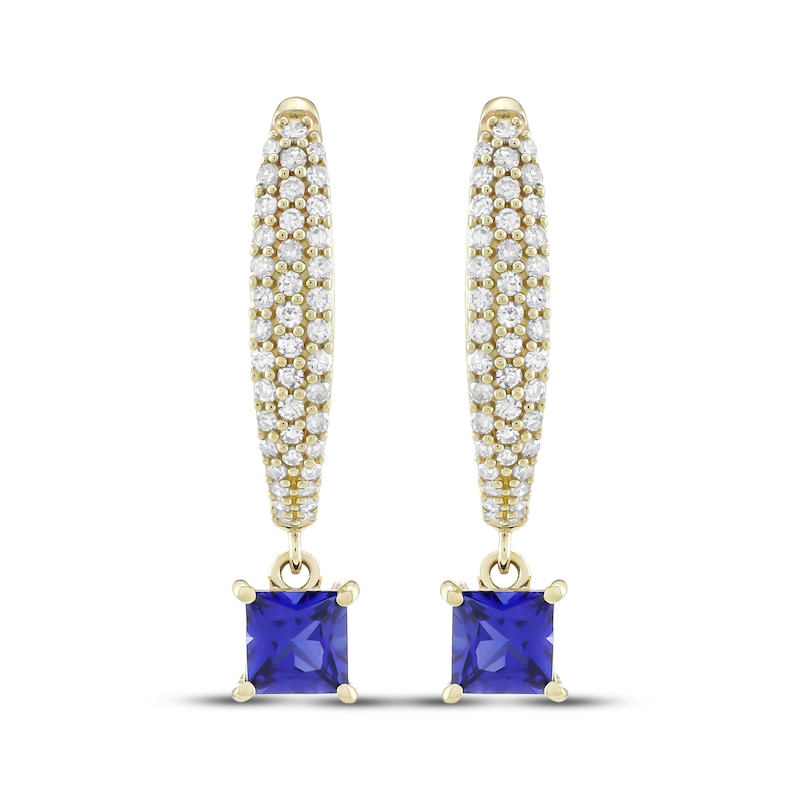 Main Image 2 of Square-Cut Blue Lab-Created Sapphire & Diamond Dangle Hoop Earrings 1/3 ct tw 10K Yellow Gold