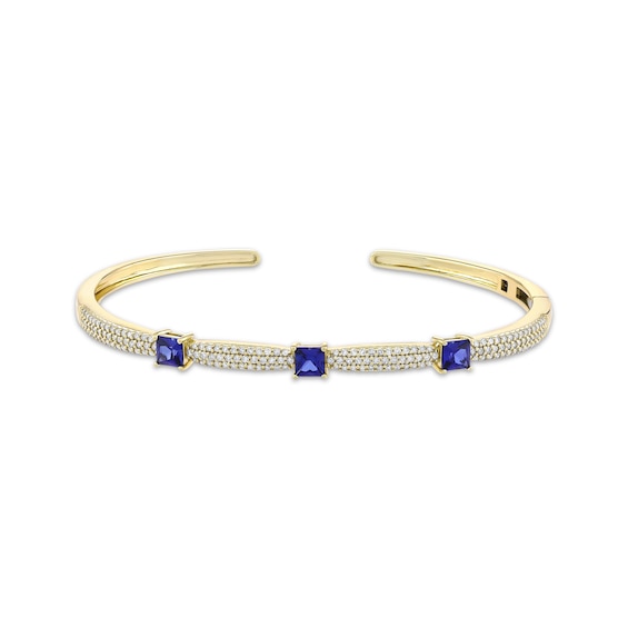 Square-Cut Blue Lab-Created Sapphire & Diamond Cuff Bracelet 3/4 ct tw 10K Yellow Gold & Stainless Steel 7"