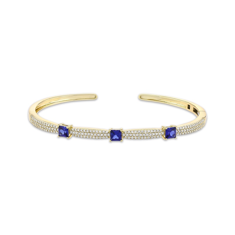 Main Image 1 of Square-Cut Blue Lab-Created Sapphire & Diamond Cuff Bracelet 3/4 ct tw 10K Yellow Gold & Stainless Steel 7&quot;